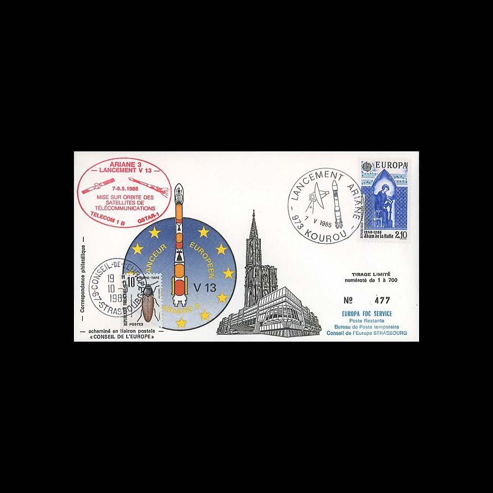 AR 26L-T2 : 1985 - FDC Ariane V13 - sat. TÉLECOM 1B & GSTAR - affrt Europa 1985