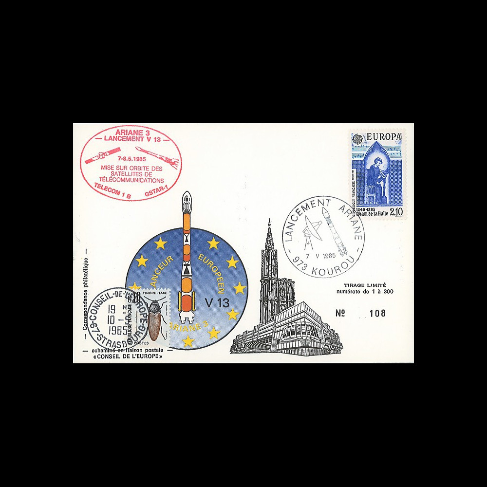 AR 26La-T1 : 1985 - Carte Ariane V13 - sat. TÉLECOM 1B & GSTAR - affrt Europa 1985