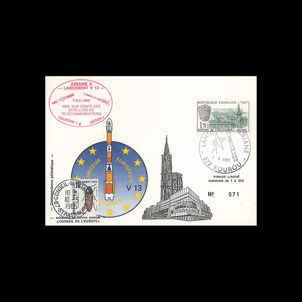 AR 26La-T2 : 1985 - CP Ariane V13 - sat. TÉLECOM 1B & GSTAR - affrt Abbaye Landévennec