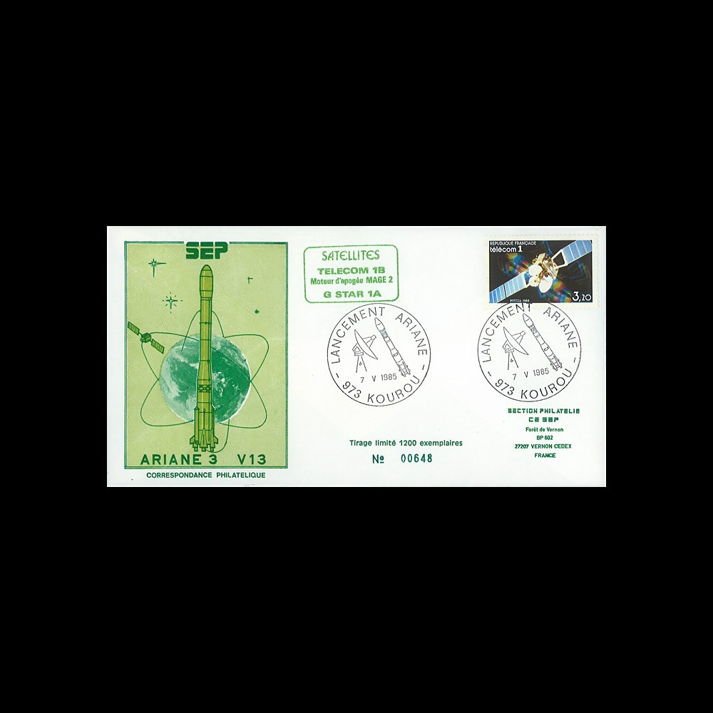 AR 26L-SEP : 1985 - FDC SEP Ariane V13 - sat. TÉLECOM 1B & GSTAR