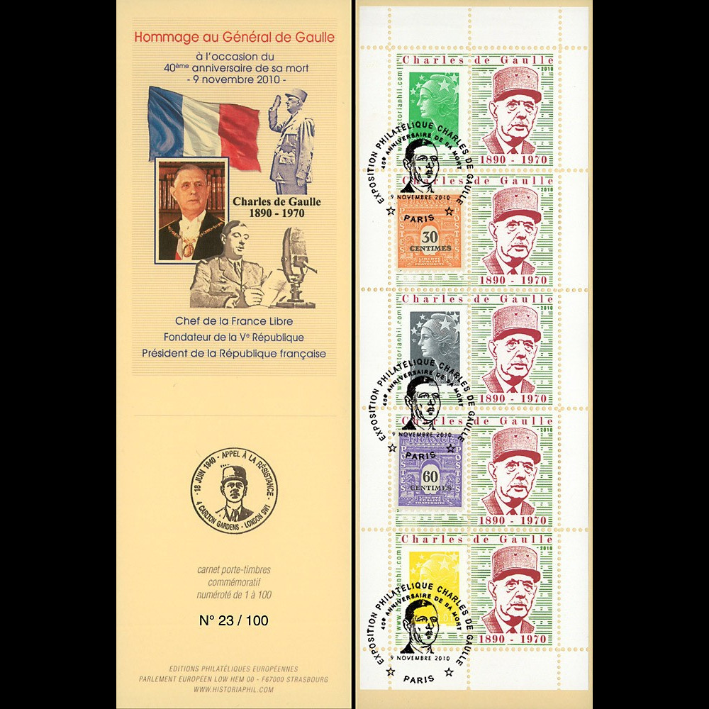 DG10-9C6 : Carnet porte-TP "40 ans mort Gal de Gaulle" - TVP Marianne vert - oblit. Paris DG10-9C6 : Carnet porte-TP "40 ans mort Gal de Gaulle" - TVP Marianne vert - oblit. Paris