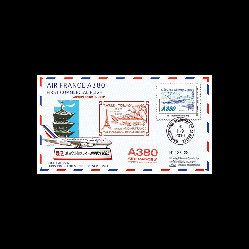 A380-104 : 2010 - Pli "1er vol Paris-Tokyo A380 Air France" voyagé à bord