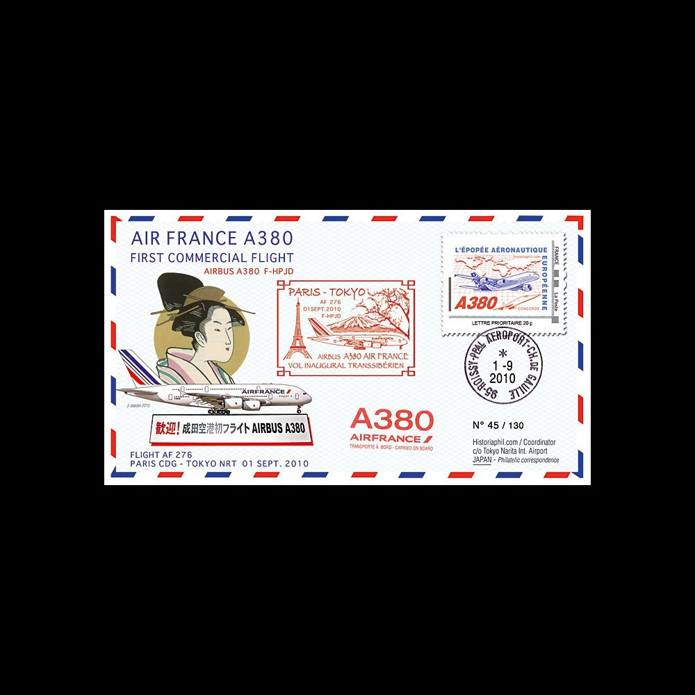 A380-105 : 2010 - Pli "1er vol Paris-Tokyo A380 Air France" voyagé à bord