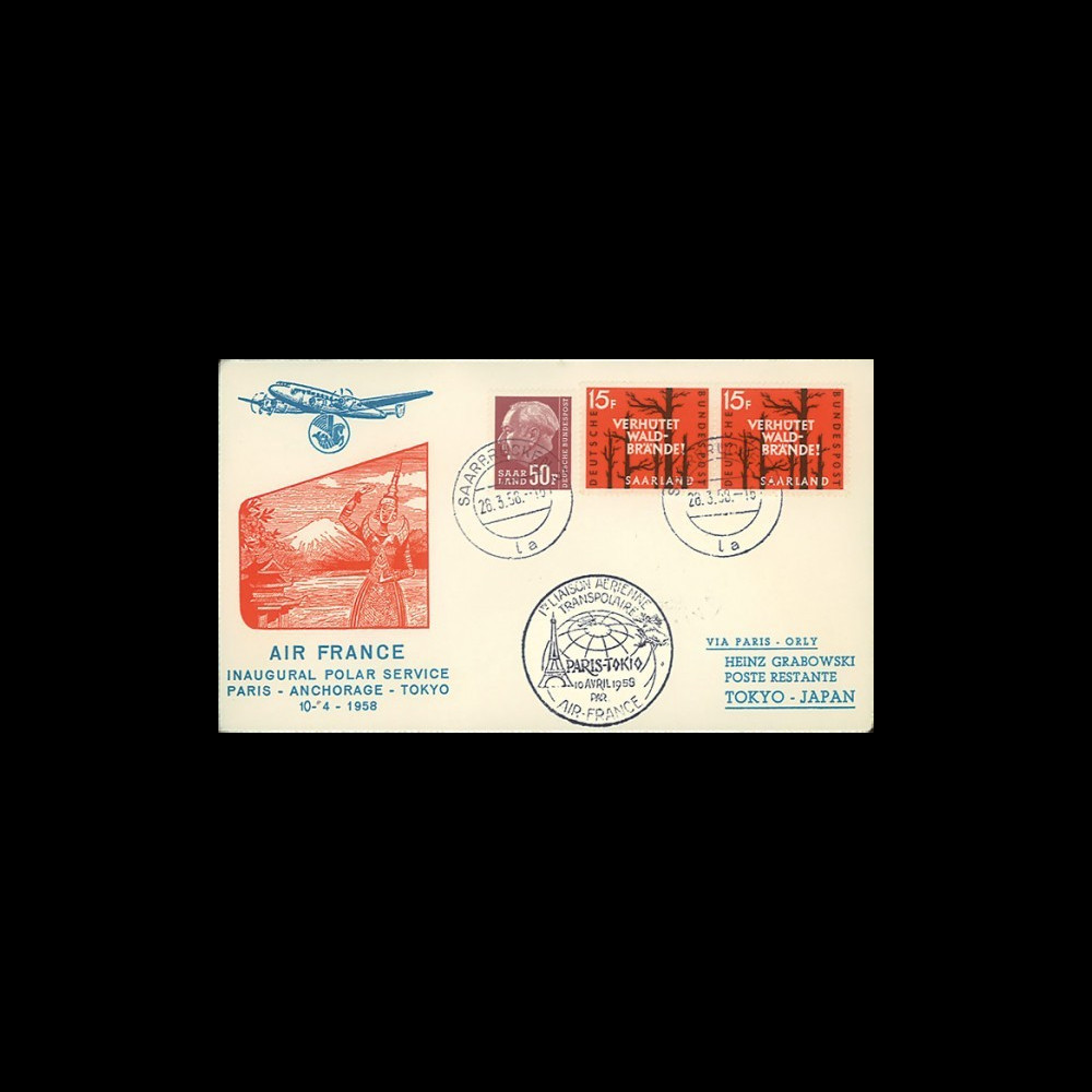 AF58-P1T1 : SARRE 1958 - FDC “Vol inaugural Transpolaire Paris-Anchorage-Tokyo par Super Starliner Air France” (TYPE 1)