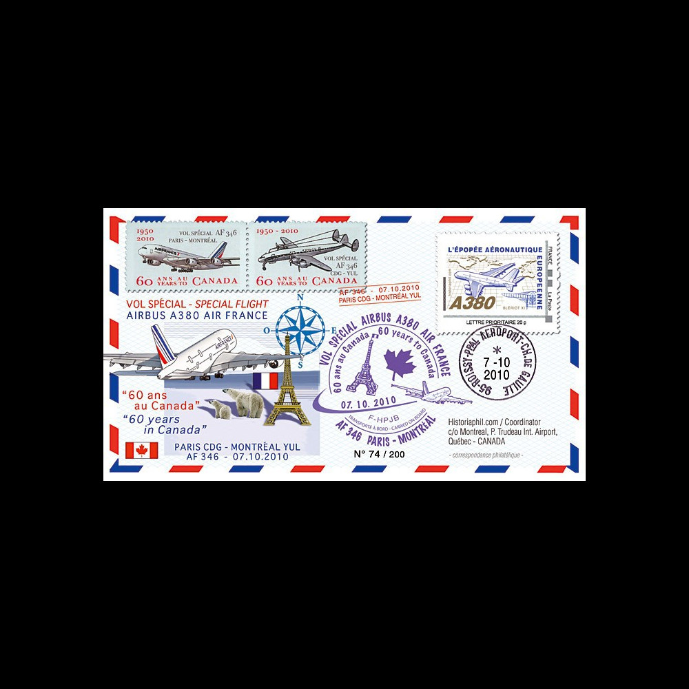 A380-108 : 2010 - Pli voyagé "Vol A380 Paris-Montréal - Air France
