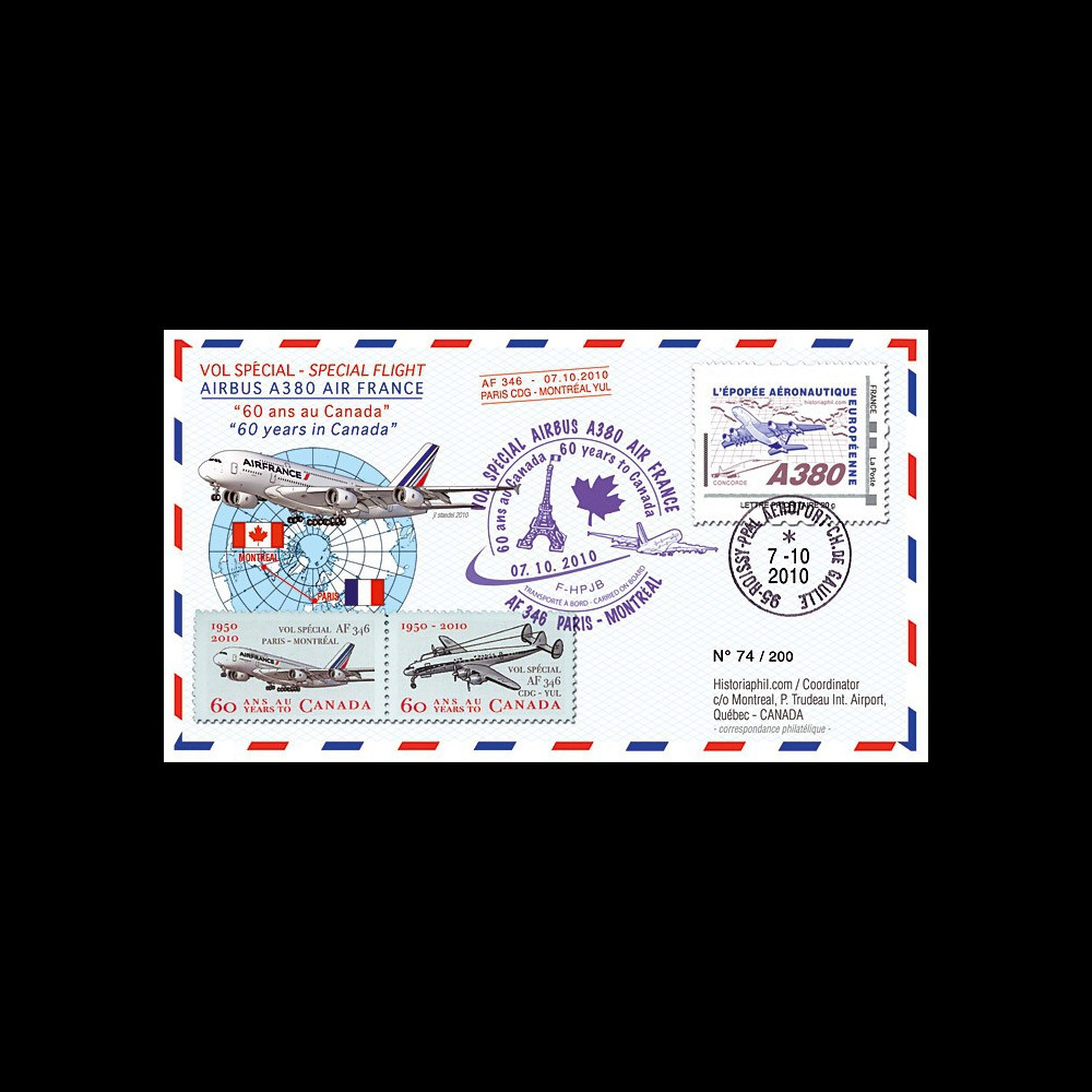 A380-109 : 2010 - Pli voyagé "Vol A380 Paris-Montréal - Air France