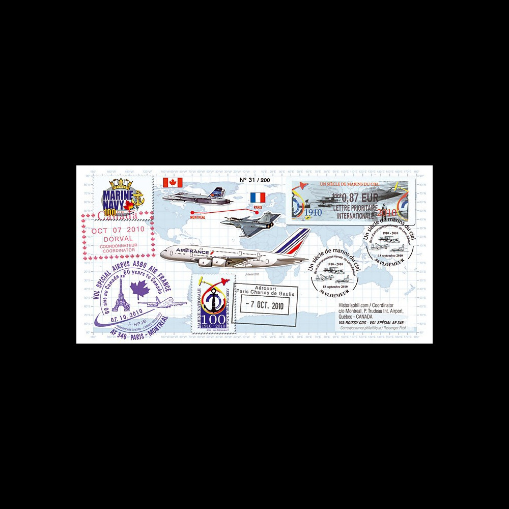A380-110 : 2010 - Pli voyagé sur vol A380 Paris-Montréal "Centenaire Aéronautique Navale"