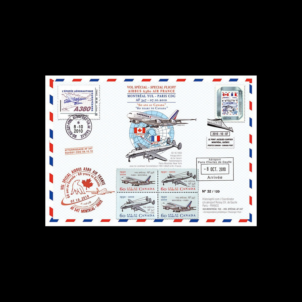 A380-112T2 : 2010 - Pli CANADA-FRANCE voyagé "Vol A380 Montréal-Paris Air France" type 2