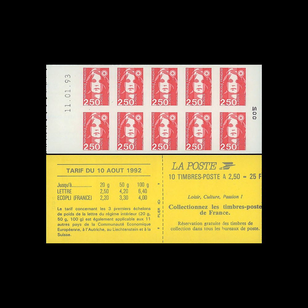 2720-C2a : 1993 - Variété sur carnet 2f50 Marianne de Briat - absence de prédécoupe des TP