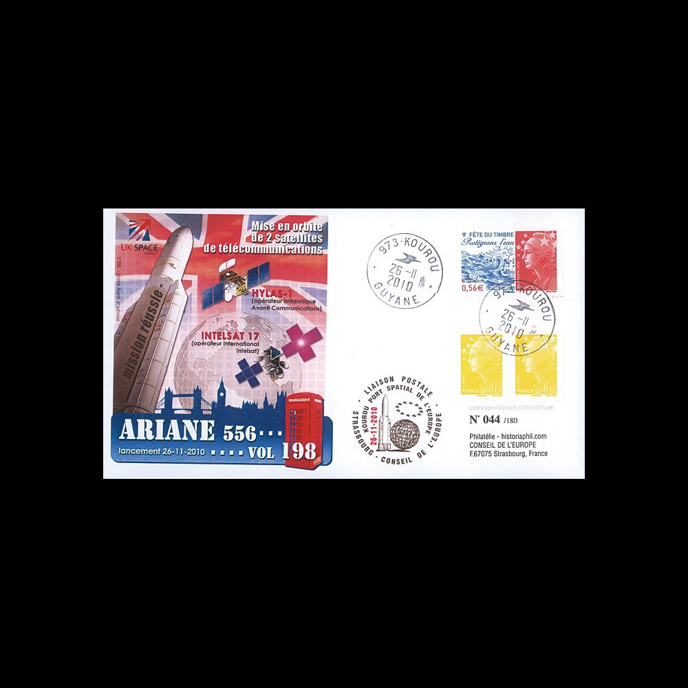 V198L-T1 : 2010 - FDC Kourou Vol 198 Ariane - sat. HYLAS & INTELSAT-17 / oblit. TAD