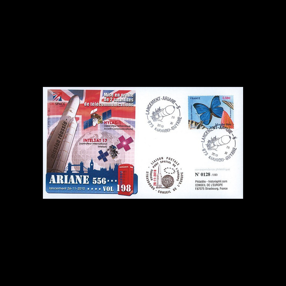 V198L-T2 : 2010 - FDC Kourou Vol 198 Ariane - sat. HYLAS & INTELSAT-17 / oblit. GF