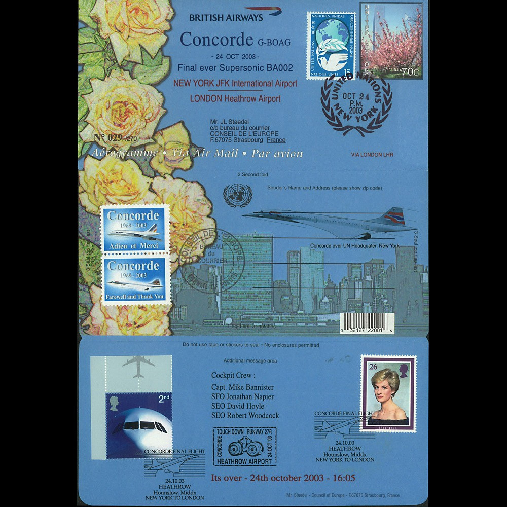 CO-RET V14 : 2003 - GB - Aérogramme "Clôture de la ligne Londres - NY" Concorde BA002