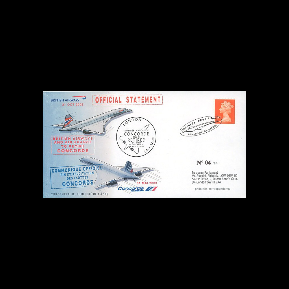 CO 03-RET-T1 : 2003 - FDC GB "Communiqué officiel - Annonce du retrait de Concorde"