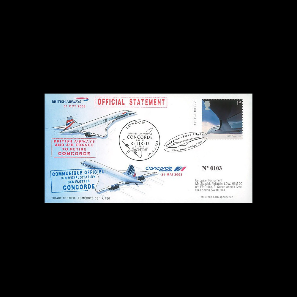 CO 03-RET-T2 : 2003 - FDC GB "Communiqué officiel - Annonce du retrait de Concorde"