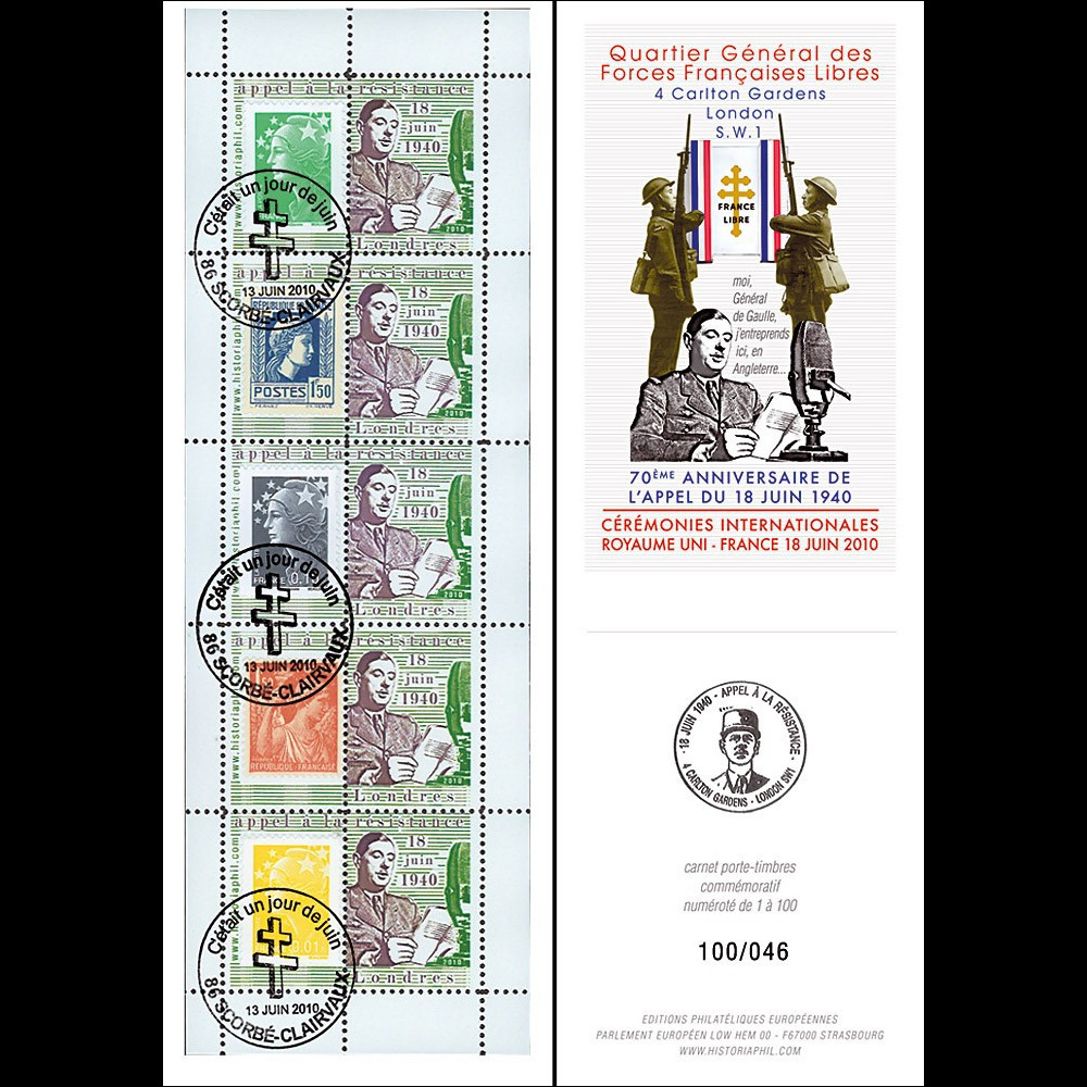 DG10-9C1T2 : Carnet "de Gaulle - 70 ans Appel 18 juin" / TVP vert - Scorbé-Clairvaux