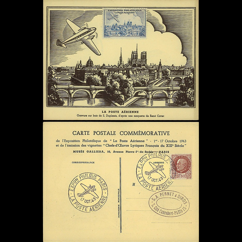 W2-FR517-AV1 : 1943 - CP "Expo philatélique LA POSTE AÉRIENNE" / vignette avion bleu
