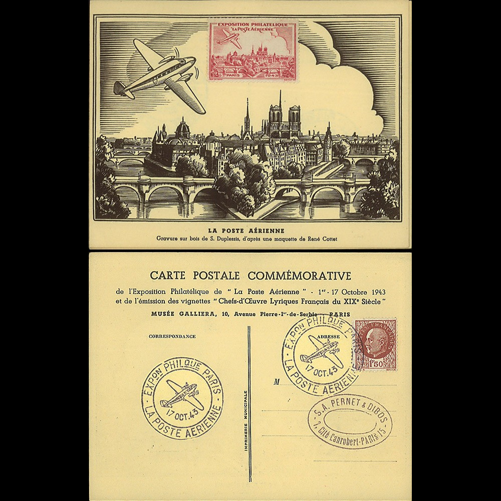 W2-FR517-AV2 : 1943 - CP "Expo philatélique LA POSTE AÉRIENNE" / vignette avion rouge
