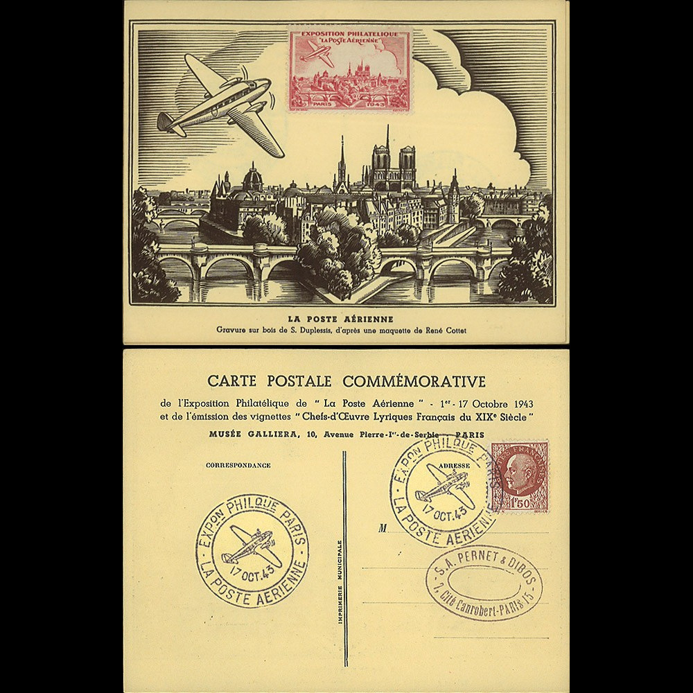 W2-FR517-AV2 : 1943 - CP "Expo philatélique LA POSTE AÉRIENNE" / vignette avion rouge W2-FR517-AV2 : 1943 - CP "Expo philatélique LA POSTE AÉRIENNE" / vignette avion rouge