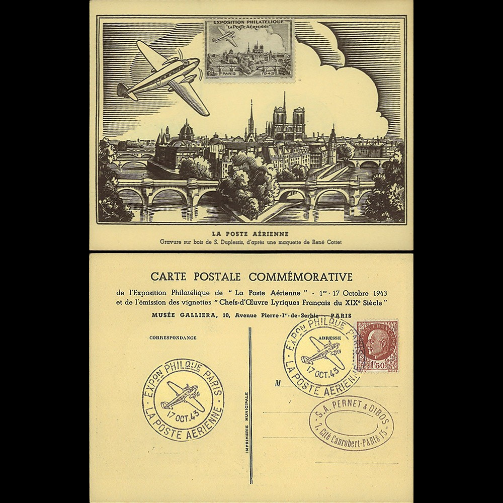 W2-FR517-AV3 : 1943 - CP "Expo philatélique LA POSTE AÉRIENNE" / vignette avion noir