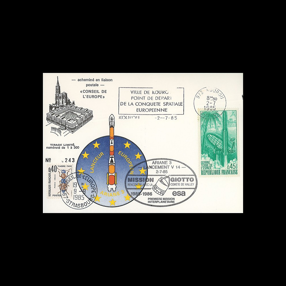 AR27La : 2.7.85 - Carte “Ariane V14 - rencontre entre GIOTTO et la comète HALLEY”