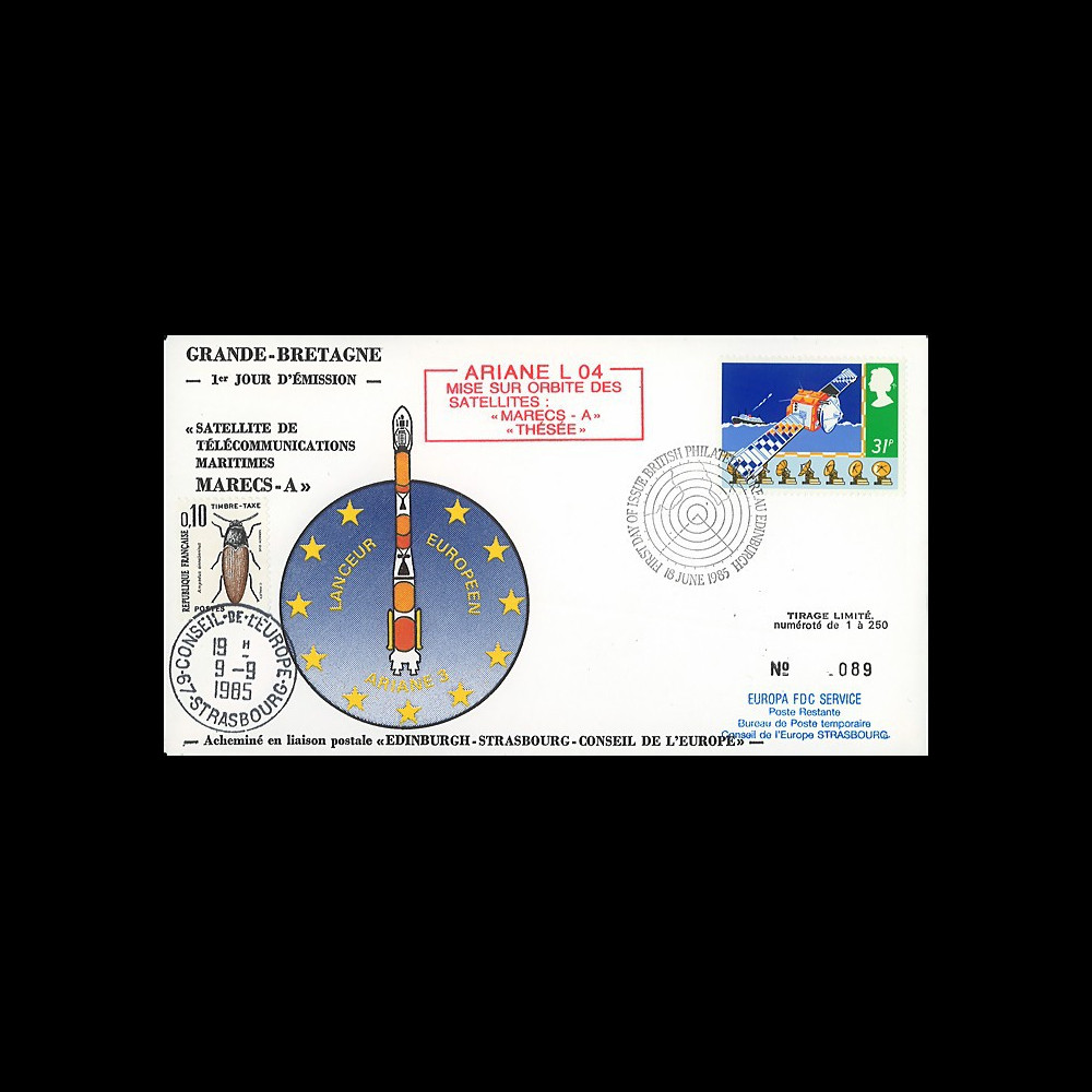 MARECS-1L : 18.6.85 - FDC UK 1st Day Stamp "Maritime Telecom. Satellite MARECS-A3"