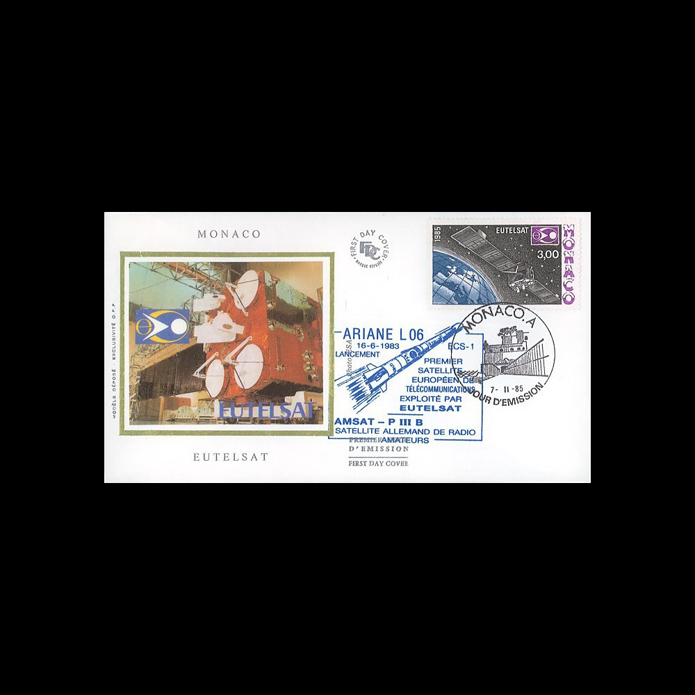 EUTELSAT85 : 7.11.85 - FDC MONACO 1er Jour du timbre “EUTELSAT”