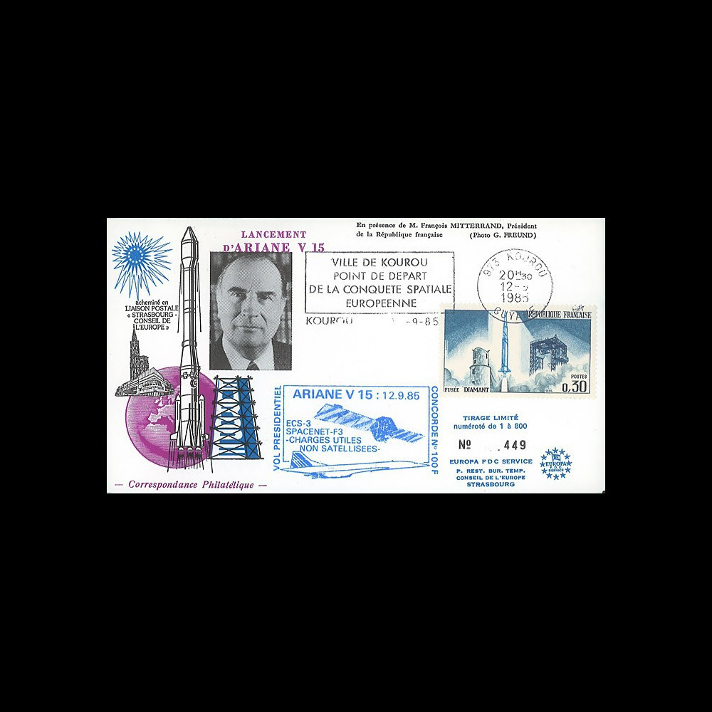 AR28L : 12.9.85 - FDC “Ariane 3 V15 - satellites SPACENET-F3 et ECS-3 non-satellisés”