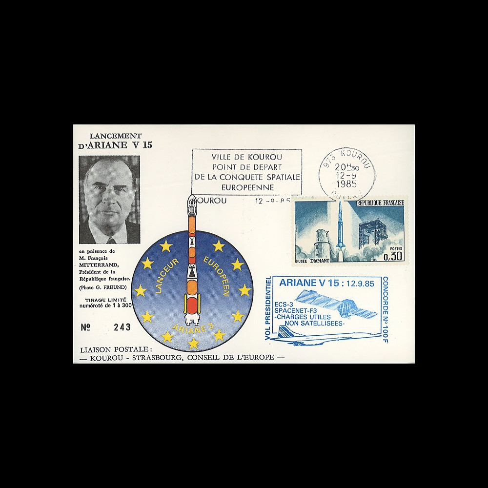 AR28La : 12.9.85 - Carte “Ariane 3 V15 - satellites SPACENET-F3 et ECS-3 non-satellisés”