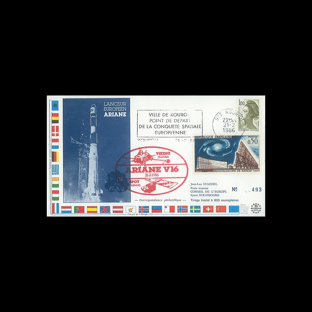 AR29L : 21.2.86 - FDC Kourou “Ariane V16 satellites SPOT et VIKING - dernier vol Ariane 1”