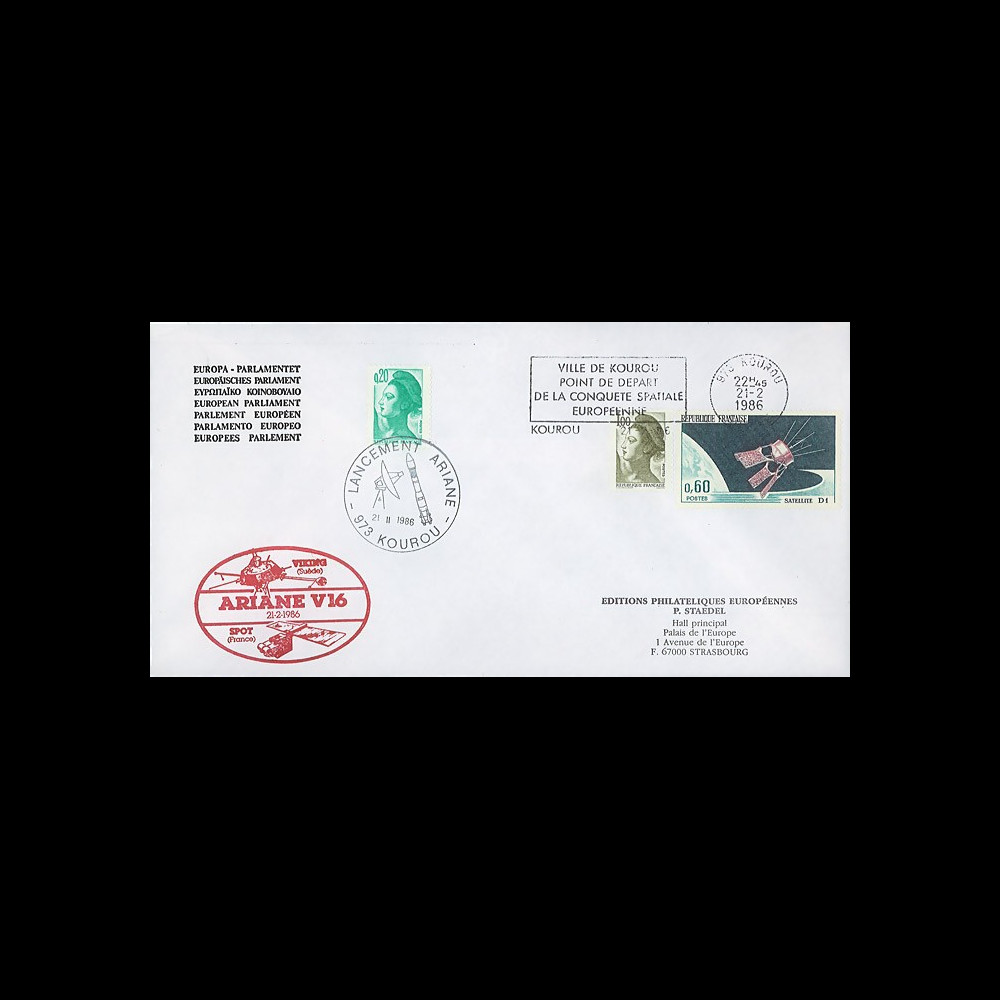 AR29LA : 21.2.86 - Enveloppe Parlement européen “Ariane V16 satellites SPOT et VIKING”