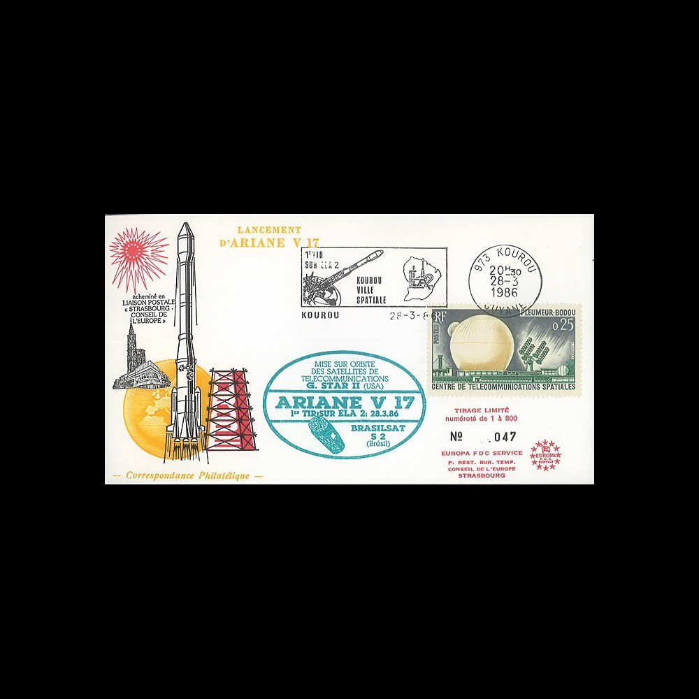 AR30L : 28.3.86 - FDC “Ariane V17 - sat. G-STAR II & BRASILSAT S2 - 1er tir sur ELA2”
