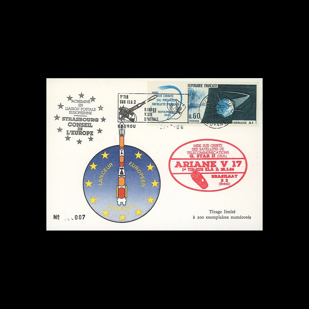 AR30La : 28.3.86 - Carte “Ariane V17 - sat. G-STAR II & BRASILSAT S2 - 1er tir sur ELA2”