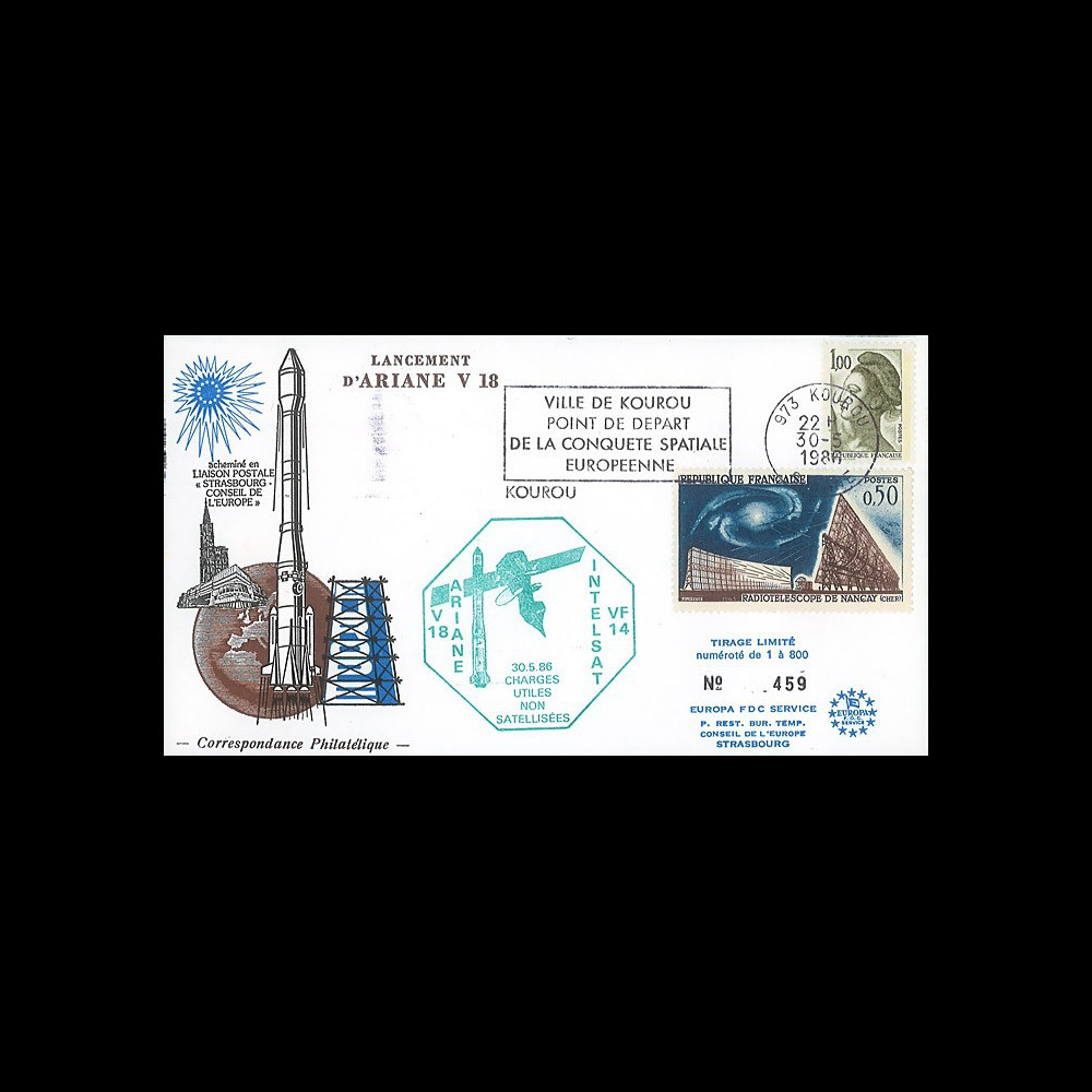 AR31L : 30.5.86 - FDC Kourou “Ariane V18 - charges utiles INTELSAT VF14 non-satelisées”