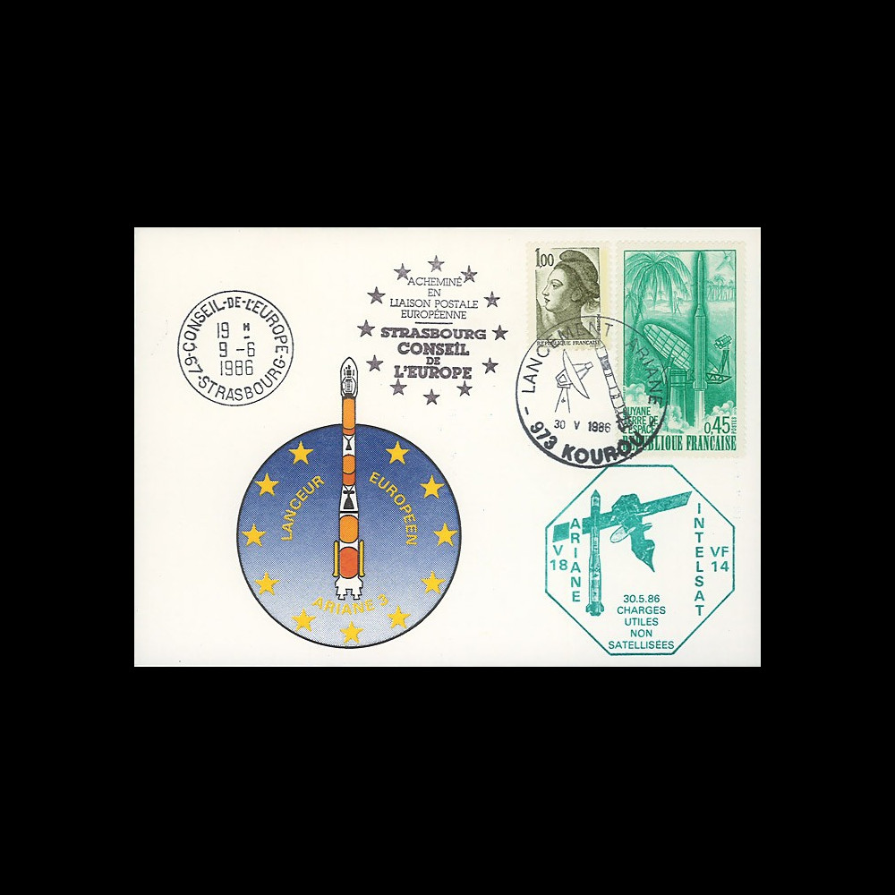 AR31La : 30.5.86 - Carte Kourou “Ariane V18 - charges utiles INTELSAT VF14 non-satelisées”