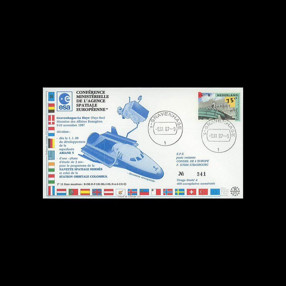 AR33L : 9.11.87 - FDC “Conférence ministérielle de l’ESA à La Haye (Pays-Bas)" AR33L : 9.11.87 - FDC “Conférence ministérielle de l’ESA à La Haye (Pays-Bas)"