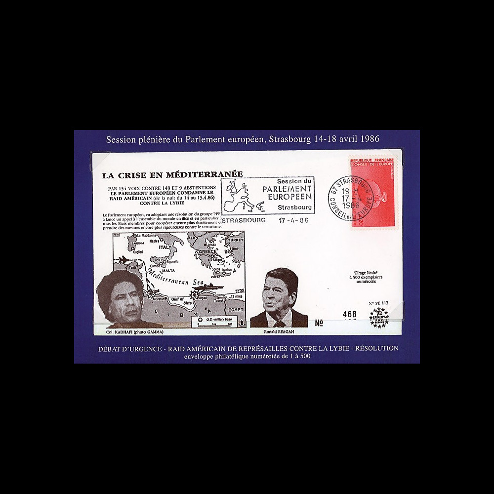 PE113 : 17.4.86 - FDC Session PE "Raid américain contre la Lybie - Pdts Kadhafi et Reagan”