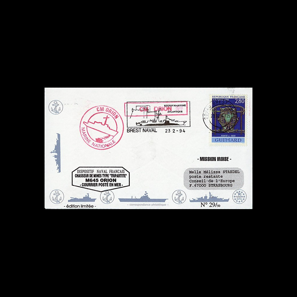 11NAV-FR05 : 24.2.94 - Pli Marine Nationale française "Chasseur de mines M645 ORION" 11NAV-FR05 : 24.2.94 - Pli Marine Nationale française "Chasseur de mines M645 ORION"