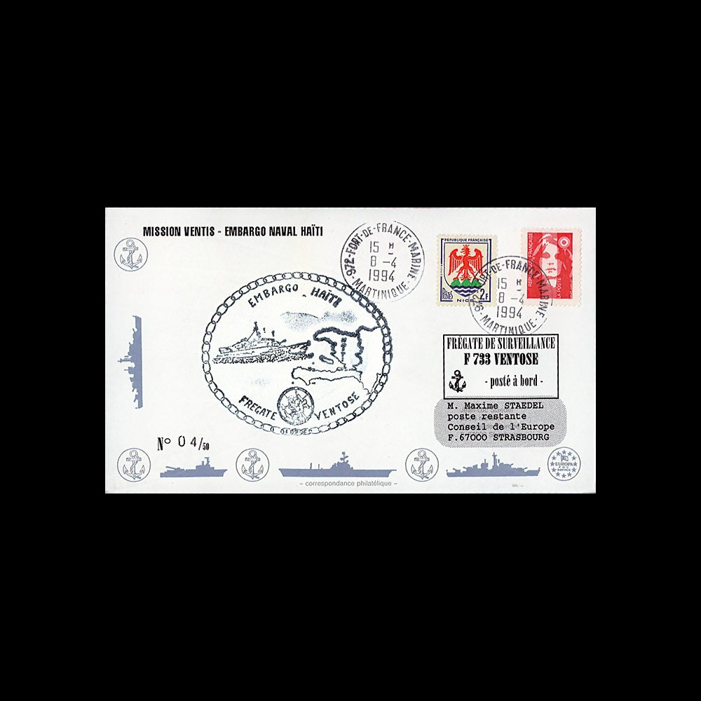 11NAV-FR26 : 8.4.94 - Pli Marine Nationale franç. "Frégate F733 VENTOSE