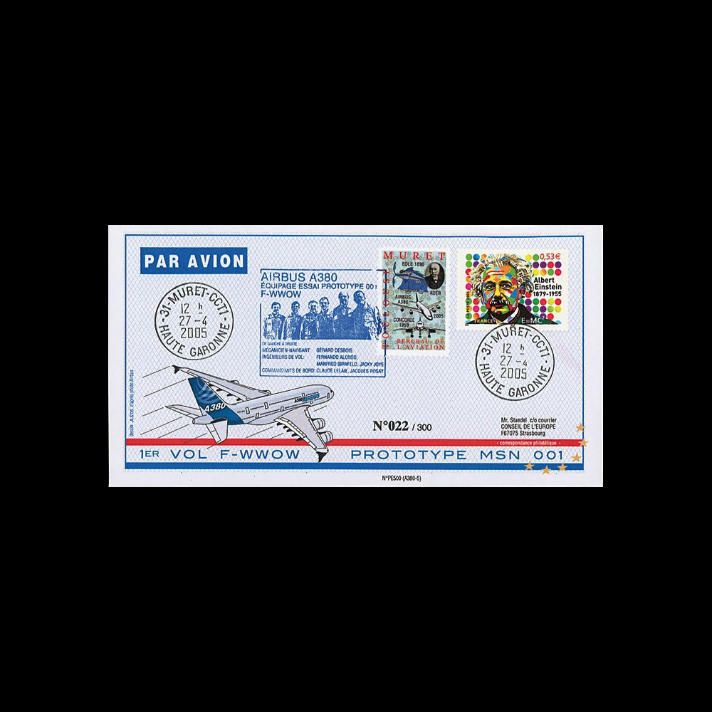 A380-5T2 : 2005 - Pli France "1er vol d'essai du prototype 001 de l'A380" - TP Einstein