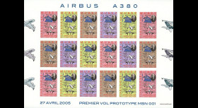 A380-FND2 : 2005 Feuillet vignettes non-dentelées "1er vol A380" - 2e édition de couleurs