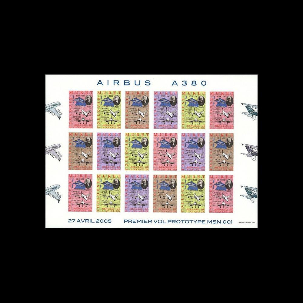 A380-FND2 : 2005 Feuillet vignettes non-dentelées "1er vol A380" - 2e édition de couleurs