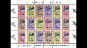 A380-FD2 : 2005 - Feuillet de vignettes "1er vol de l'A380 - Muret" - 2e édition de couleurs