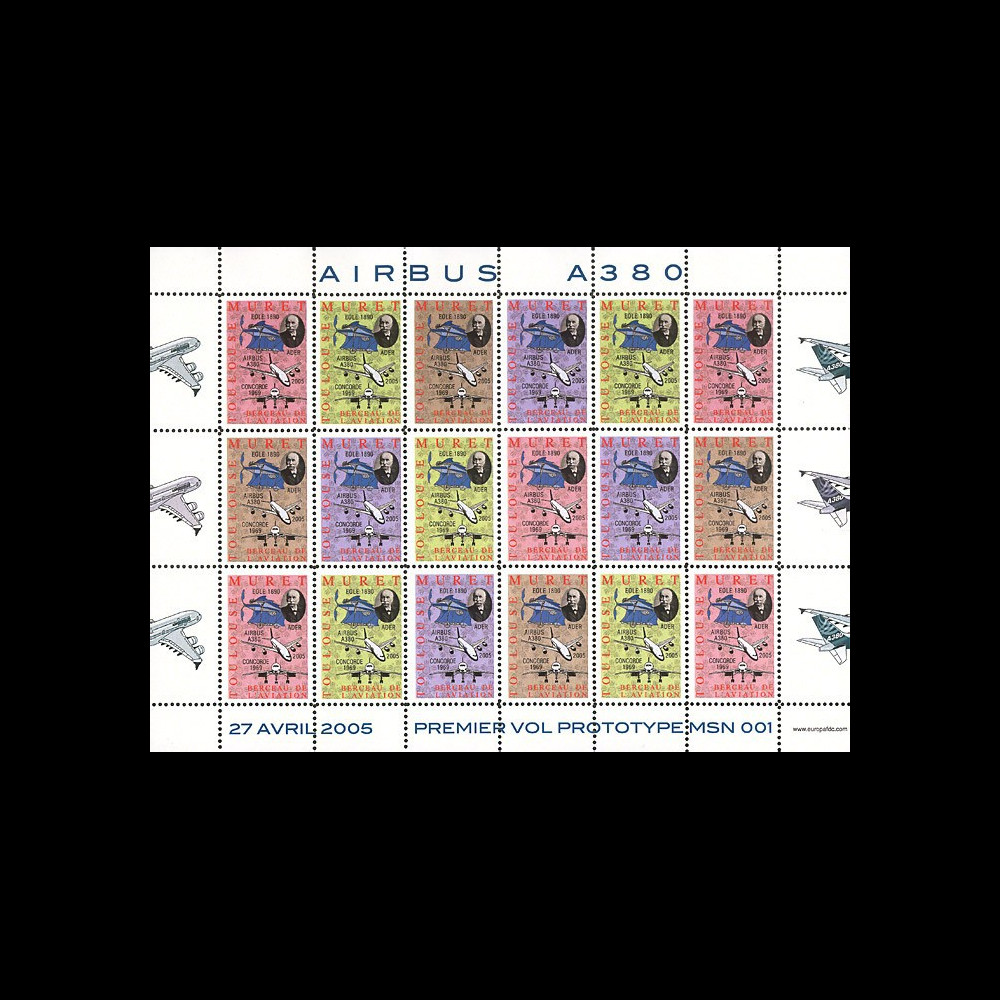A380-FD2 : 2005 - Feuillet de vignettes "1er vol de l'A380 - Muret" - 2e édition de couleurs
