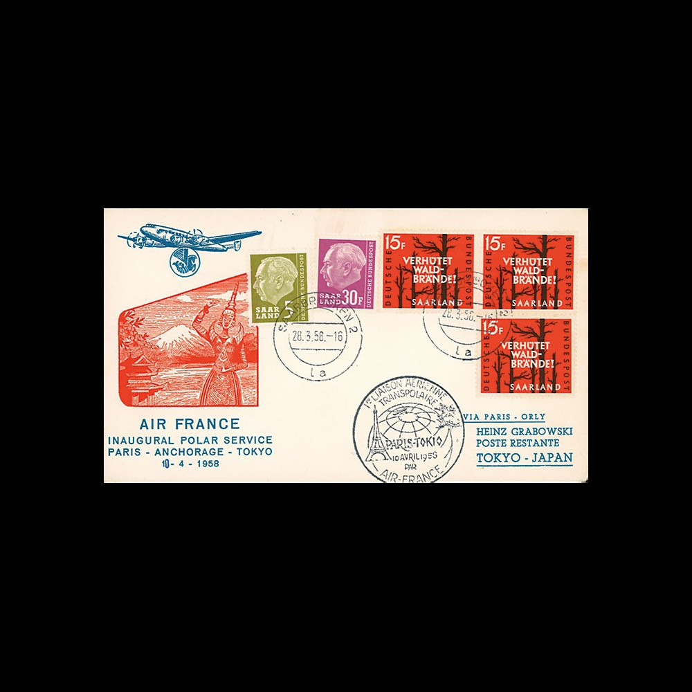 AF58-P1T2 : SARRE 1958 - FDC “Vol inaugural Transpolaire Paris-Anchorage-Tokyo par Super Starliner Air France” (TYPE 2)