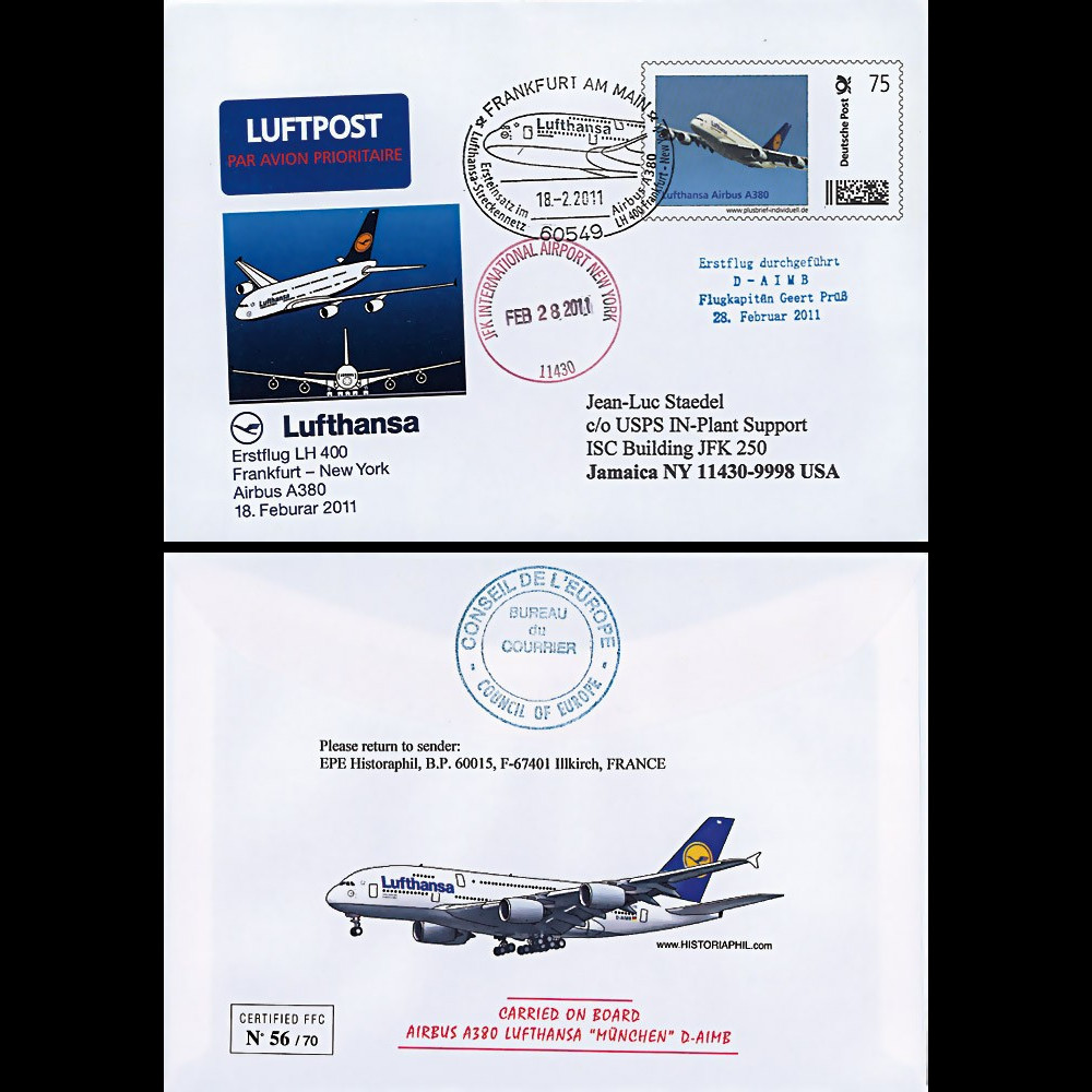 A380-126 : 2011 - Entier Postal ALLEMAGNE "1er Vol Frankfurt-New York A380 Lufthansa"