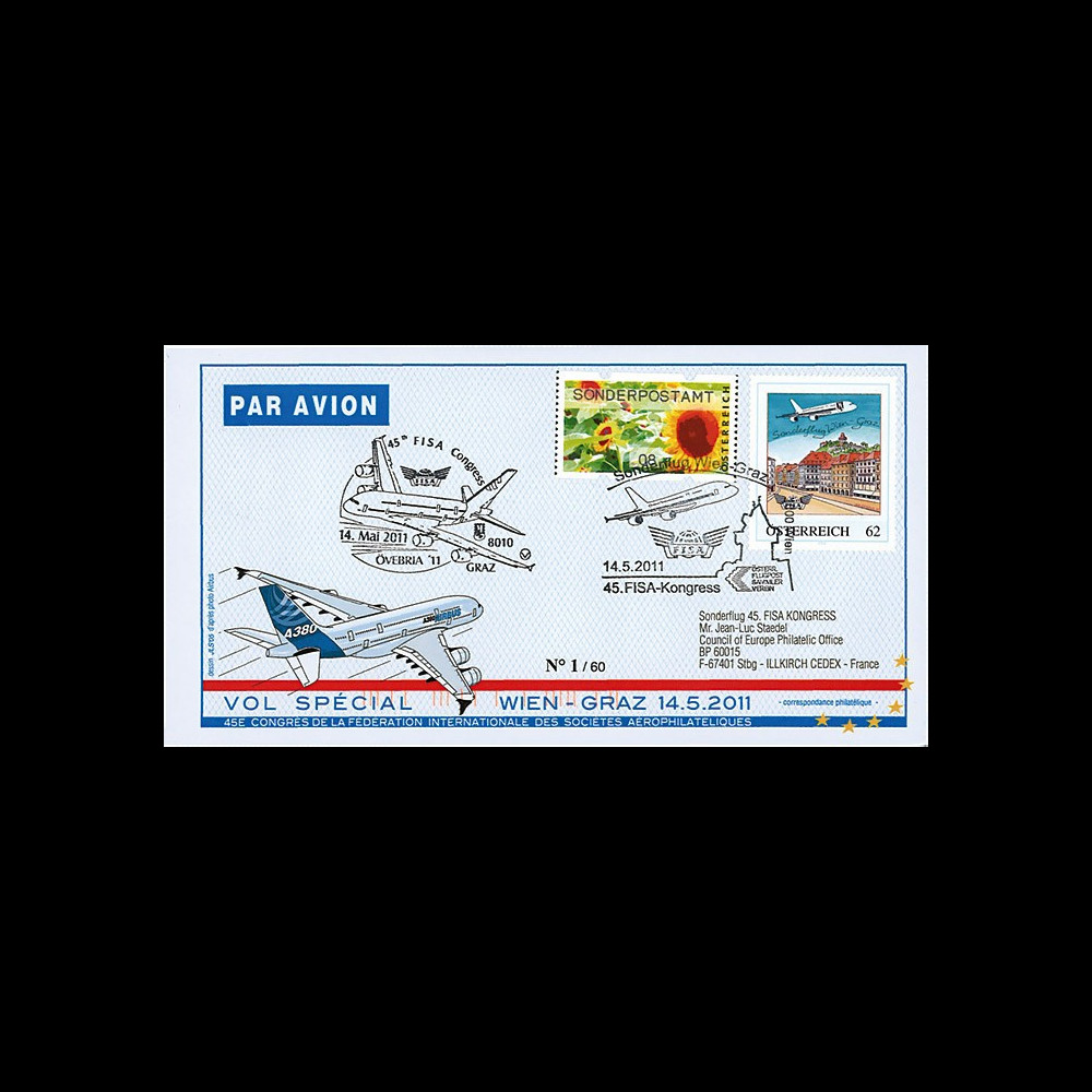 A380-132 : 2011 - FFC (Pli) AUTRICHE "Airbus A380 Ovebria 11 - 45e Congrès FISA - Vol Wien-Graz"