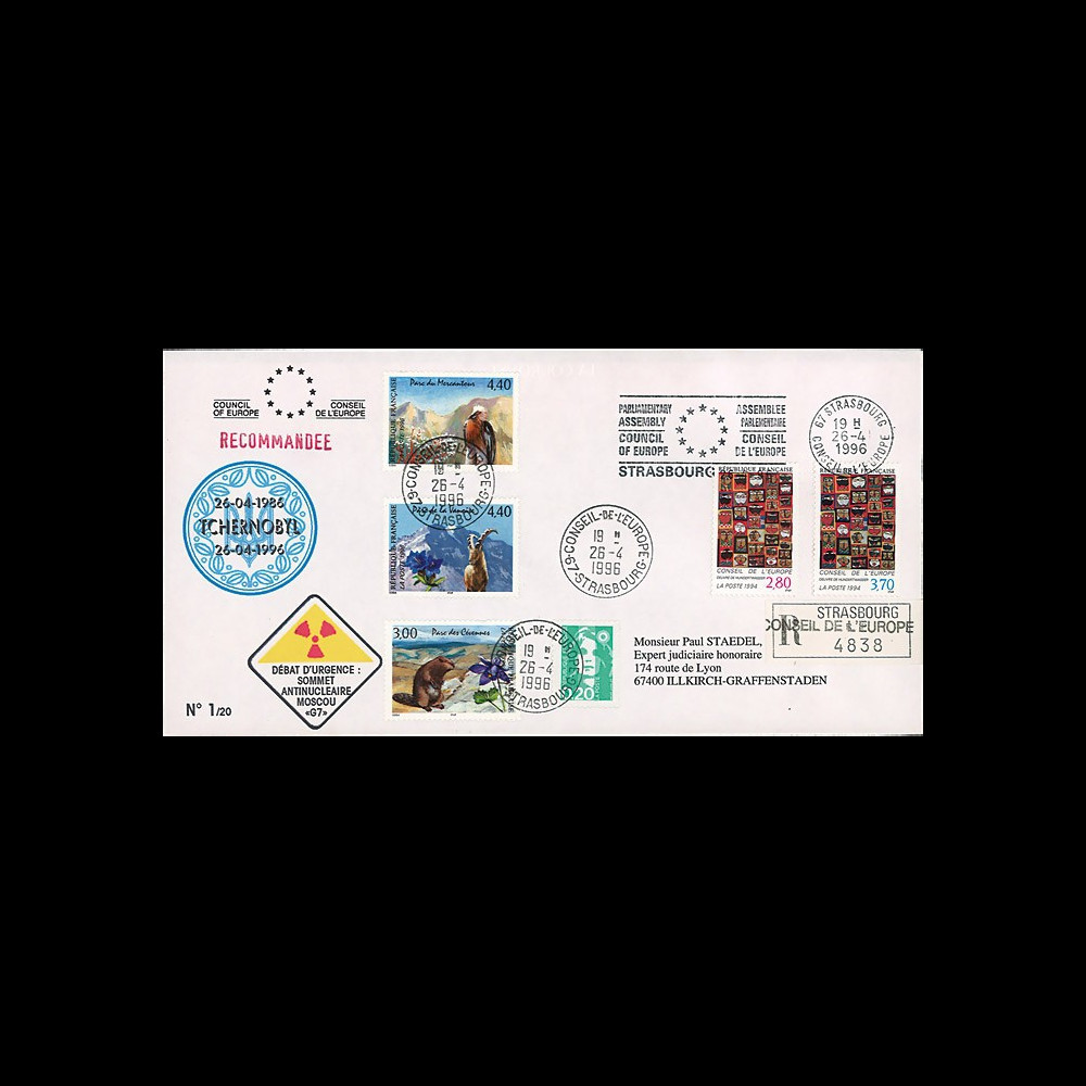 CE47-IIa : 04-1996 - FDC RECO Conseil de l'Europe "10e anniversaire Tchernobyl / G7 : Sommet Antinucléaire Moscou" CE47-IIa : 04-1996 - FDC RECO Conseil de l'Europe "10e anniversaire Tchernobyl / G7 : Sommet Antinucléaire Moscou"