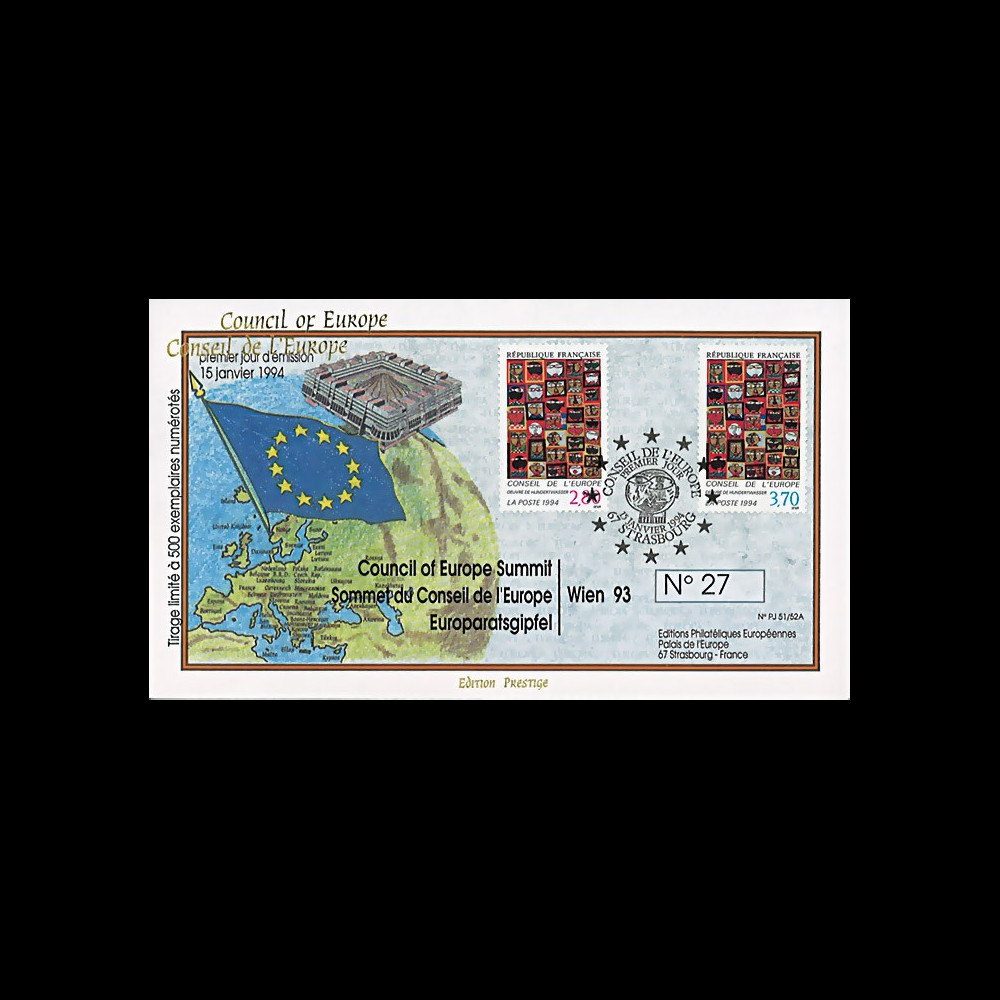 PJ51/52A : 01-1994 - FDC Conseil de l'Europe "Premier des timbres de service du Conseil de l'Europe - Hundertwasser"