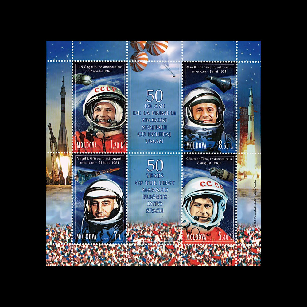 GAGARIN11-4N : 2011 - Bloc 4 valeurs MOLDAVIE "50 ans 1er Homme dans l'Espace"