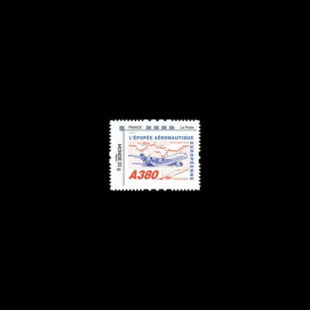 A380-129N2 : 2011 - 1 val. TPP Monde 20g "Concorde - A380 volant vers l'Asie" cadre 'FRANCE - La Poste' à gauche